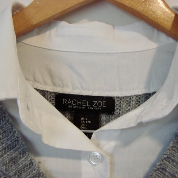 Rachel Zoe Gray Cable Knit Sweater White Collar Shirt V-neck Size Large XL - Picture 6 of 12